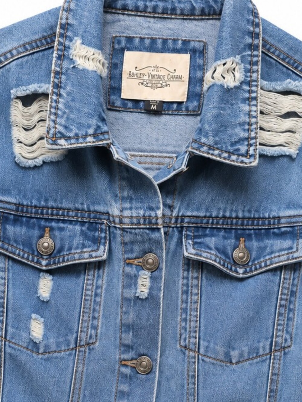 ASHLEY VINTAGE CHARM DISTRESSED CROPPED DENIM JACKET Medium - Picture 5 of 9